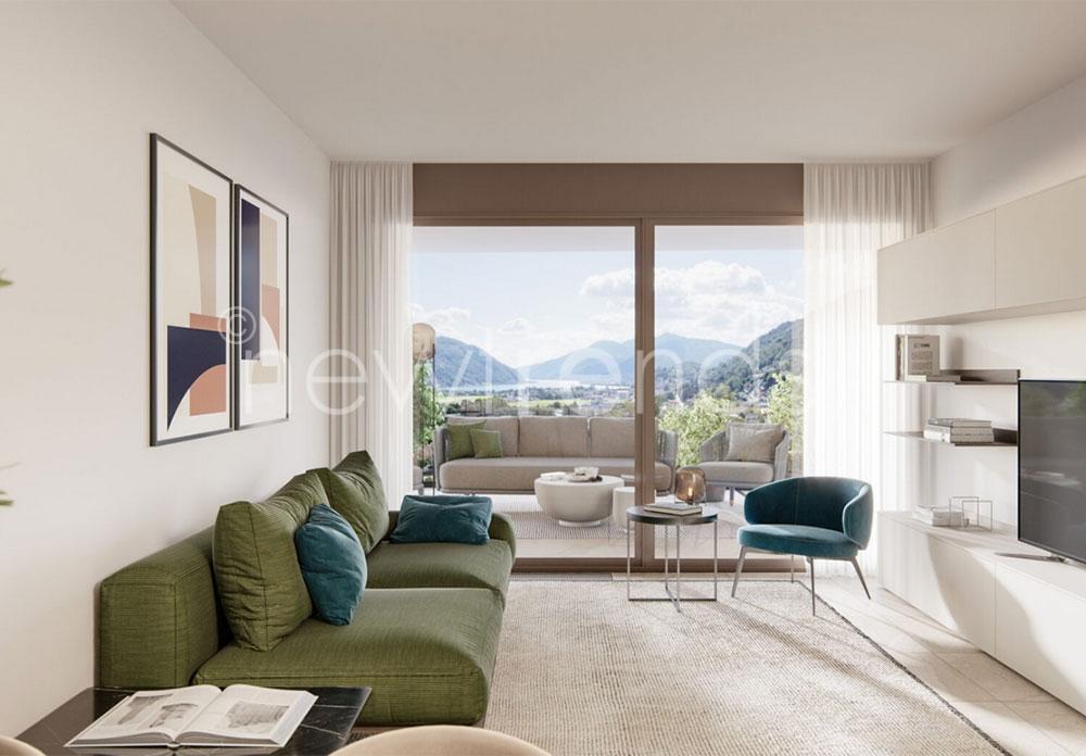 vendesi panoramicissimo 3.5 con terrazza ultimo piano  a bioggio: foto render soggiorno
